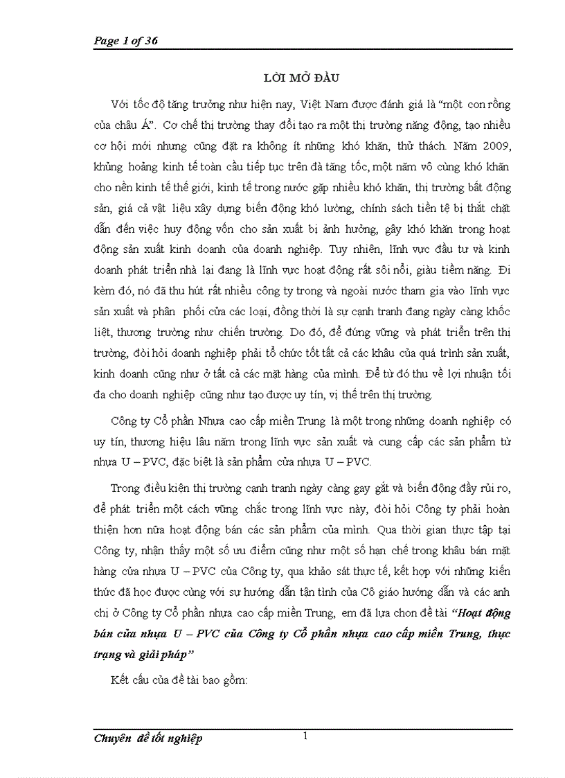 Hoạt động bán cửa nhựa U – PVC của Công ty Cổ phần nhựa cao cấp miền Trung, thực trạng và giải pháp