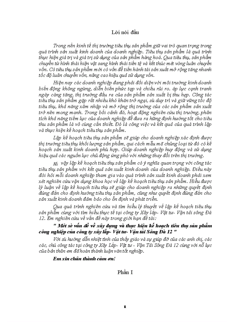 Một số vấn đề về xây dựng và thực hiện kế hoạch tiêu thụ sản phẩm công nghiệp của công ty xây lắp Vật tư Vận tải Sông Đà 12 1