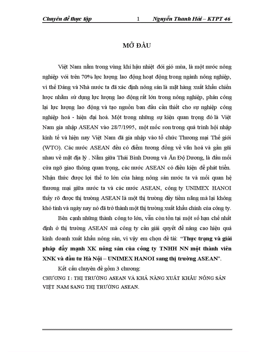 Thực trạng và giải pháp đẩy mạnh XK nông sản của công ty TNHH NN một thành viên XNK và đầu tư Hà Nội – UNIMEX HANOI sang thị trường ASEAN