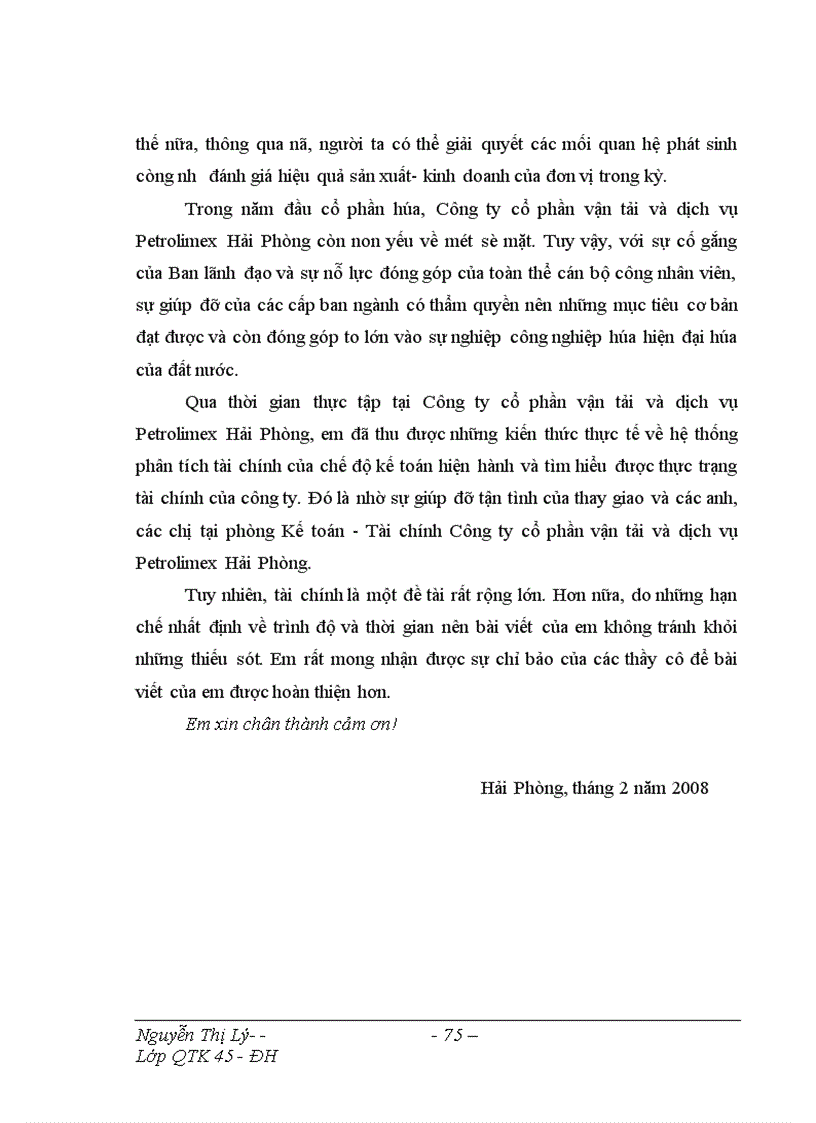 Phân tích hoạt động tài chính và các giải pháp nhằm nâng cao tình hình tài chính cũng như hiệu quả sản xuất kinh doanh tại Công ty cổ phần vận tải và dịch vụ Petrolimex Hải Phòng