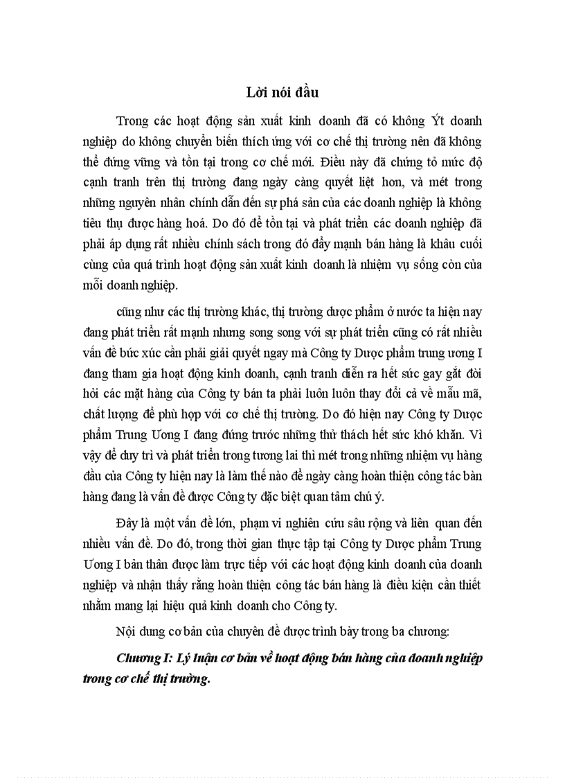Những giải pháp nhằm đẩy mạnh bán hàng trong kinh doanh thương mại ở Công ty Dược phẩm Trung Ương I 1