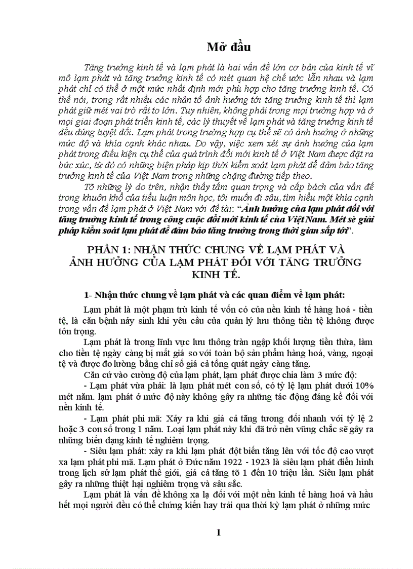 Ảnh hưởng của lạm phát đối với tăng trưởng kinh tế trong công cuộc đổi mới kinh tế của Việt Nam Một số giải pháp kiểm soát lạm phát để đảm bảo tăng trưởng trong thời gian sắp tới 1