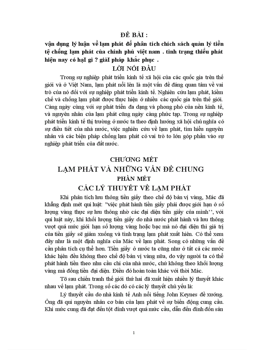 Vận dụng lý luận về lạm phát để phân tích chích sách quản lý tiền tệ chống lạm phát của chính phủ Việt Nam