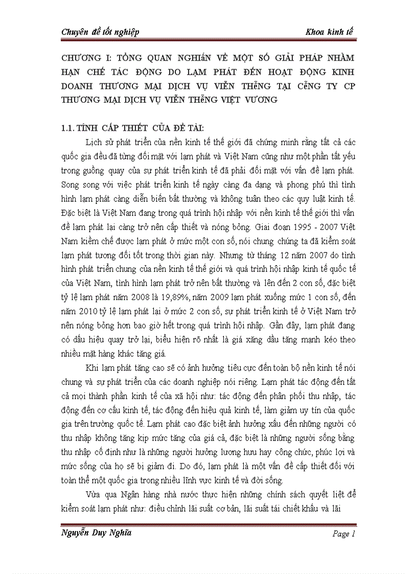 Một số giải pháp nhằm hạn chế tác động của lạm phát đến hoạt động kinh doanh thương mại dịch vụ viễn thông của công ty CP Thương mại Dịch vụ Viễn thông Việt Vương 1