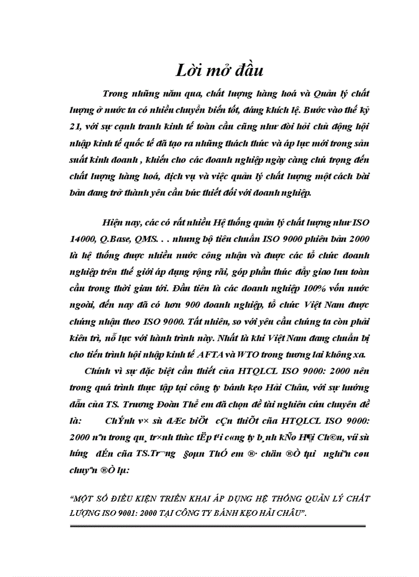 Một số điều kiện triển khai áp dụng hệ thống quản lý chất lượng ISO 9001 2000 tại công ty bánh kẹo hải châu 1