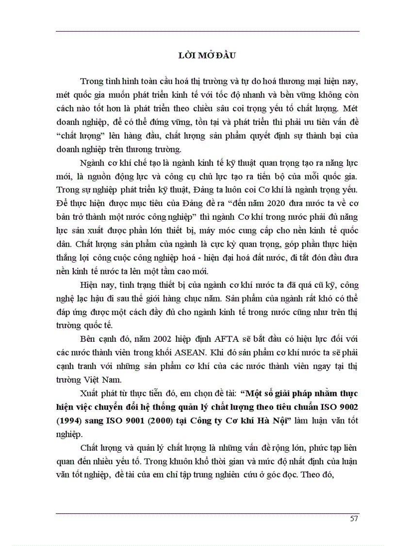 Một số giải pháp nhằm thực hiện việc chuyển đổi hệ thống quản lý chất lượng theo tiêu chuẩn ISO 9002 1994 sang ISO 9001 2000 tại Công ty Cơ khí Hà Nội 1
