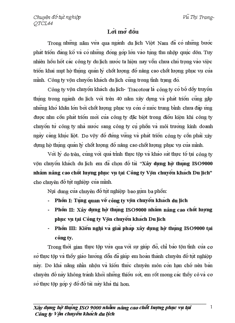 Xây dư ng hê thô ng ISO9000 nhă m nâng cao châ t lươ ng phu c vu ta i Công ty Vâ n chuyê n kha ch Du li ch