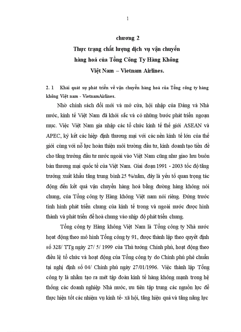 Thực trạng chất lượng dịch vụ vận chuyển hàng hoá của Tổng Công Ty Hàng Không Việt Nam Vietnam Airlines