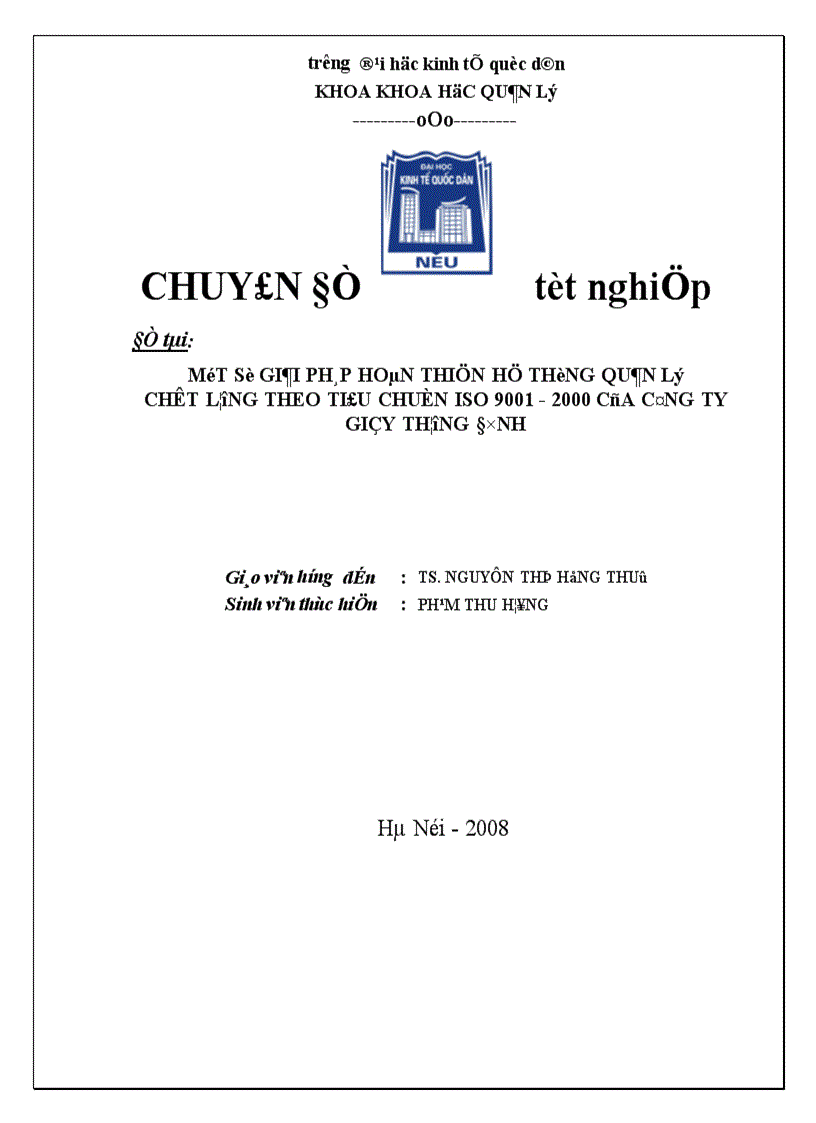 Một số giải pháp hoàn thiện hệ thống quản lí chất lượng theo tiấu chuẩn iso 9001:2000 của cễng ty giầy thượng đènh