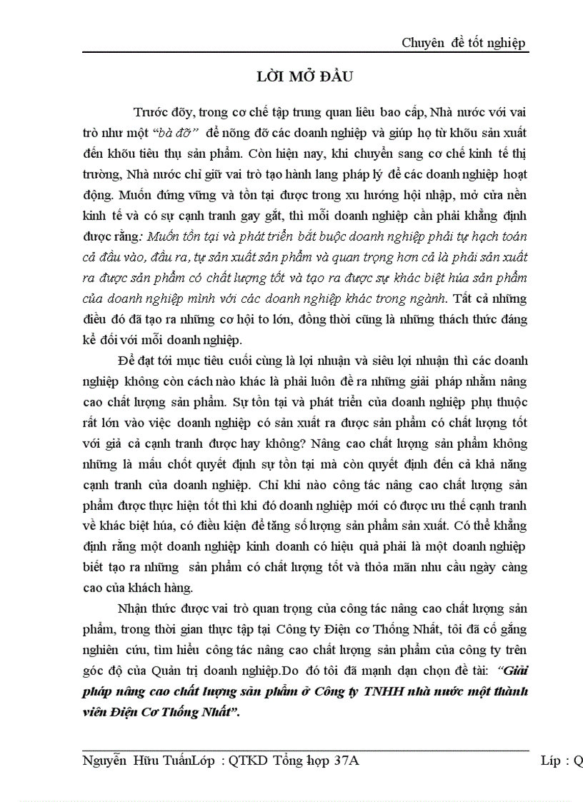 Giải pháp nâng cao chất lượng sản phẩm ở Công ty TNHH nhà nước một thành viên Điện Cơ Thống Nhất