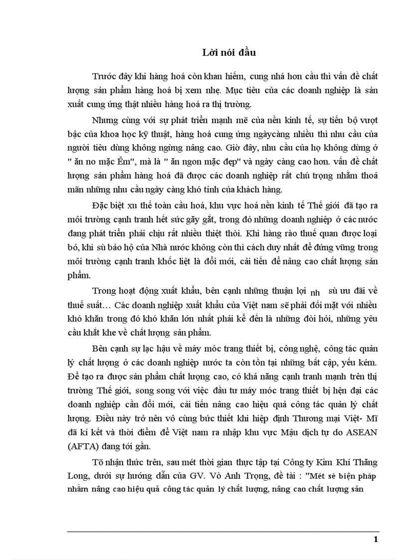 Một số biện pháp nhằm nâng cao hiệu quả công tác quản lý chất lượng nâng cao chất lượng sản phẩm tăng khả năng xuất khẩu tại Công ty Kim Khí Thăng Long 1