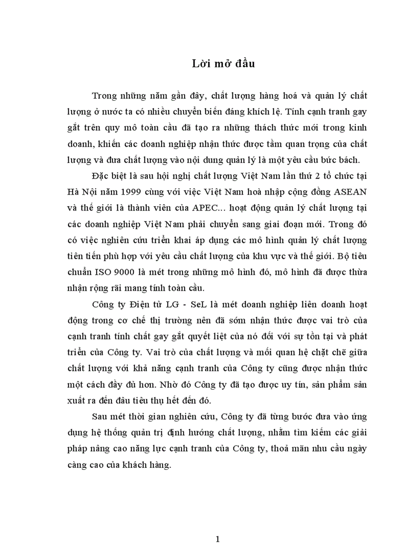 Báo cáo thực tập tổng hợp những biện pháp thúc đẩy việc áp dụng hệ thống quản trị chất lượng theo tiêu chuẩn ISO 9000 2000 tại công ty điện tử LG SEL
