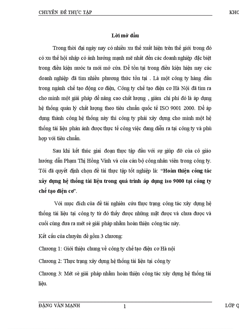 Hoàn thiện công tác xây dựng hệ thống tài liệu trong quá trình áp dụng ISO 9000 tại công ty chế tạo điện cơ 1