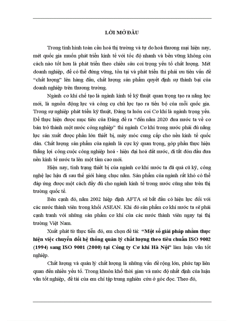 Một số giải pháp nhằm thực hiện việc chuyển đổi hệ thống quản lý chất lượng theo tiêu chuẩn ISO 9002 1994 sang ISO 9001 2000 tại Công ty Cơ khí Hà Nội