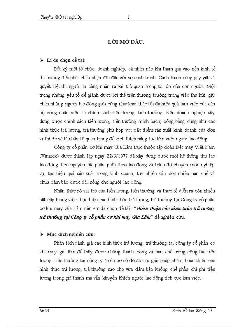 Hoàn thiện các hình thức trả lương, trả thưởng tại Công ty cổ phần cơ khí may Gia Lâm