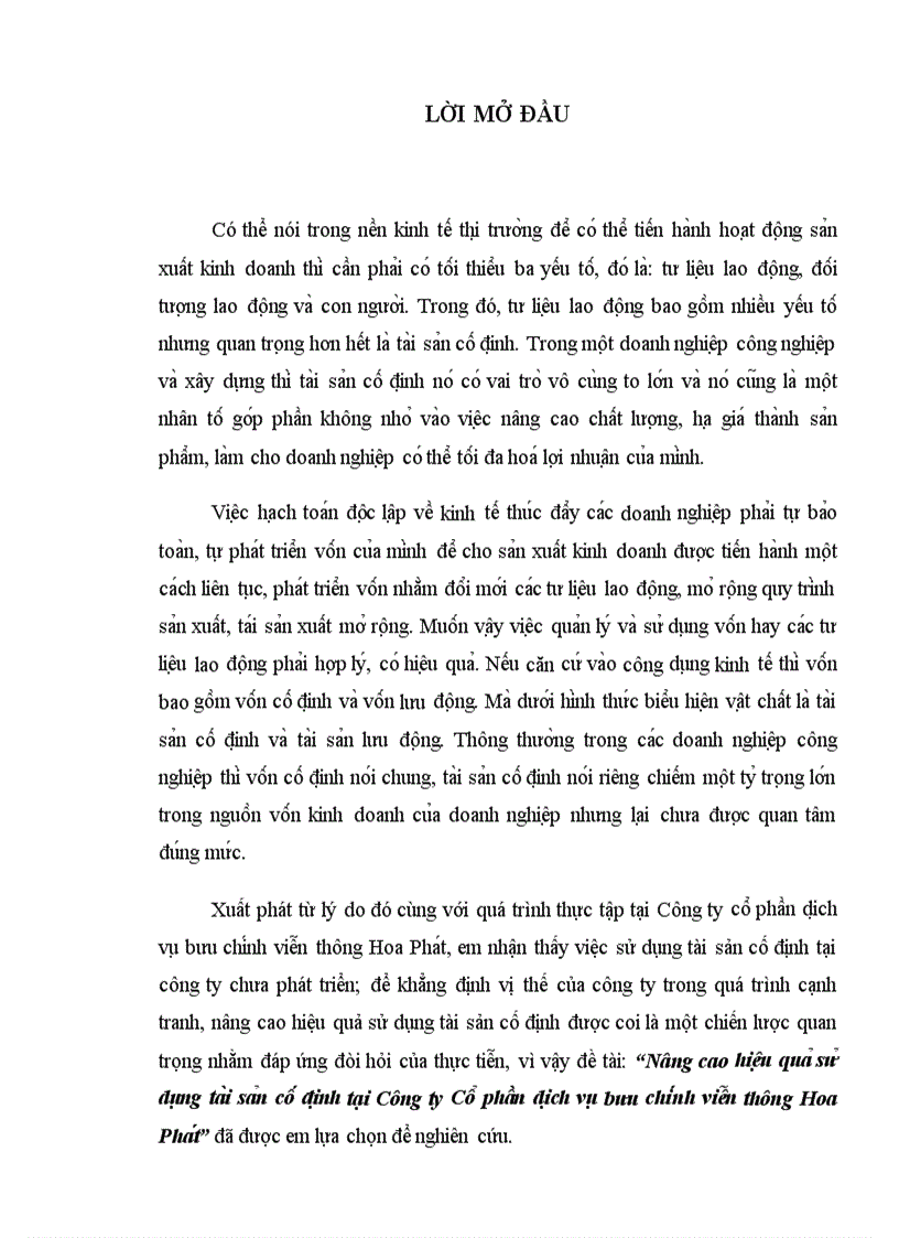 Giải pháp nâng cao hiệu quả sử dụng tài sản cố định của Công ty cổ phần dịch vụ bưu chính viễn thông Hoa Phát.