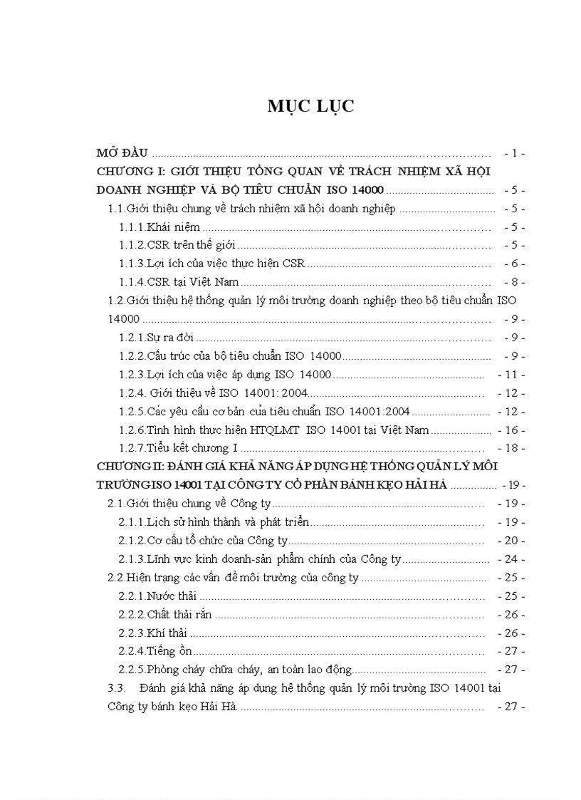 Nghiên cứu khả năng áp dụng hệ thống quản lý môi trường ISO 14001 tại Công ty cổ phần Bánh kẹo Hải Hà 1