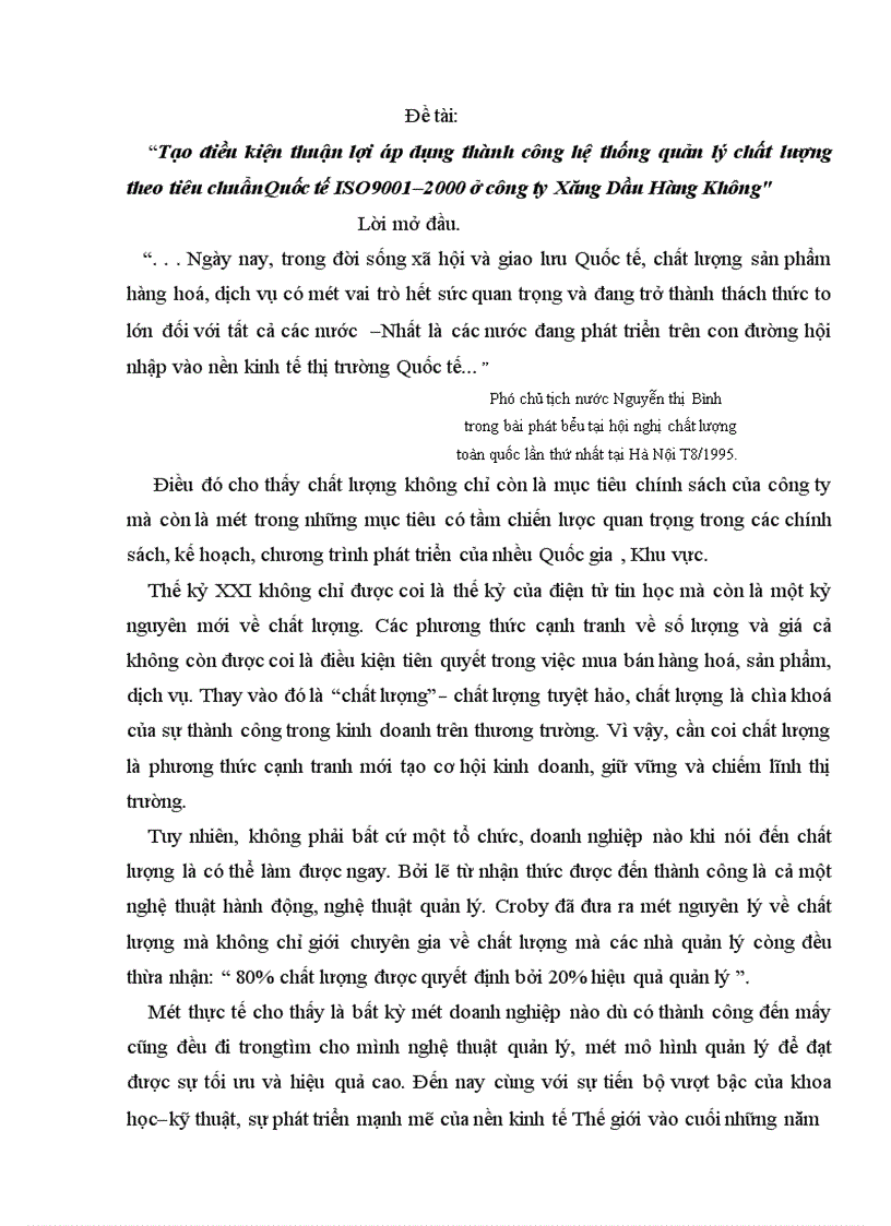 Tạo điều kiện thuận lợi áp dụng thành công hệ thống quản lý chất lượng theo tiêu chuẩnQuốc tế ISO9001 2000 ở công ty Xăng Dầu Hàng Không