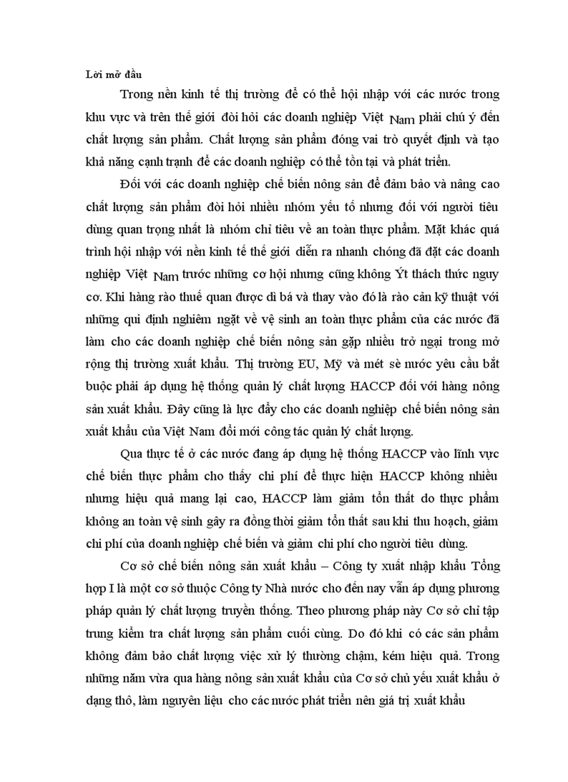 Đổi mới công tác quản lý chất lượng theo hệ thống quản lý chất lượng HACCP tại Cơ sở chế biến nông sản xuất khẩu Công ty xuất nhập khẩu Tổng hợp I 1