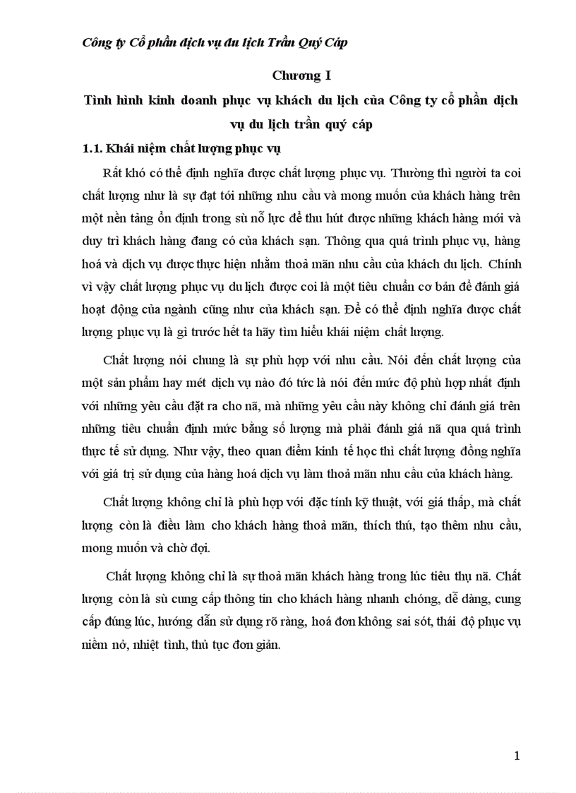 Thực trạng chất lượng phục vụ tại Công ty cổ phần dịch vụ du lịch trần quý cáp