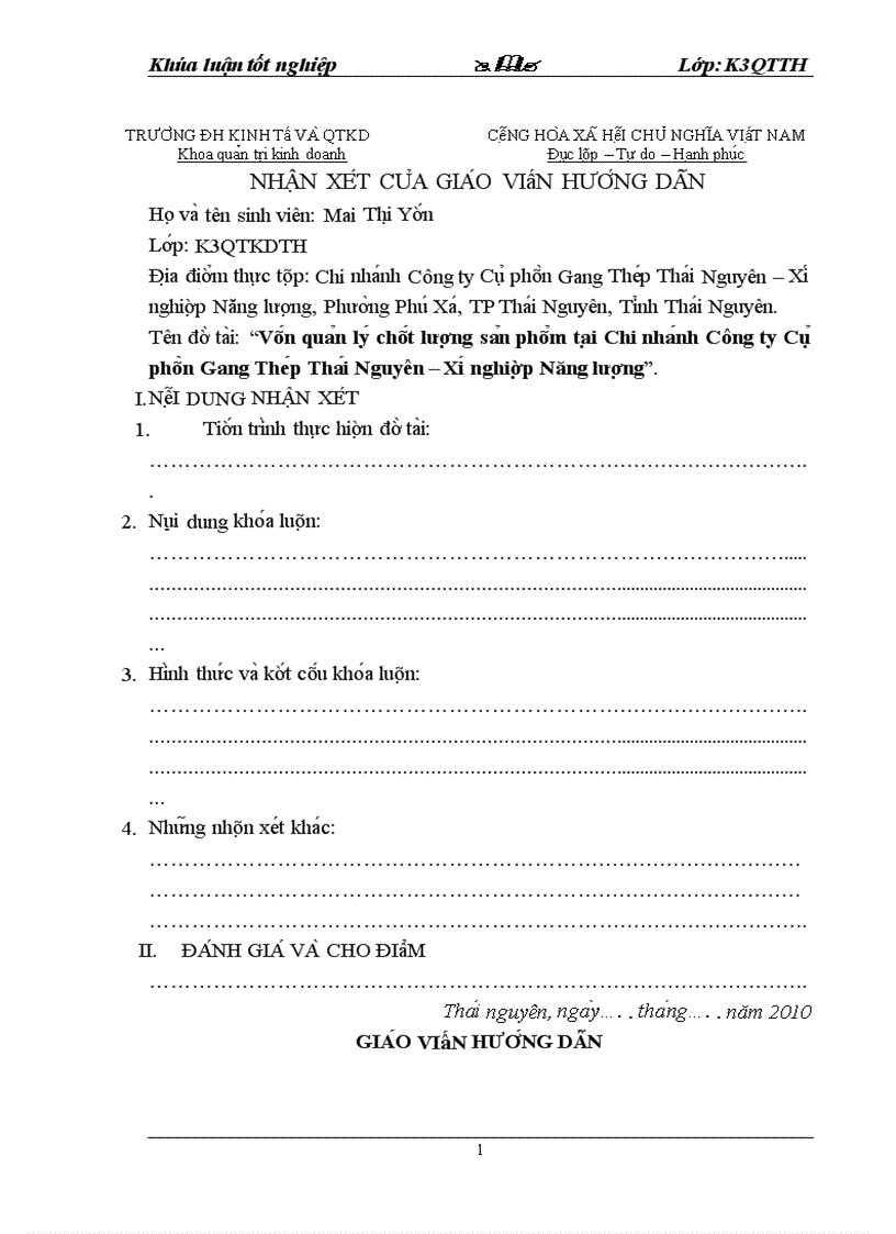 Thực trạng chất lượng sản phẩm và vấn đề quản lý chất lượng tại Chi nhánh công ty Cổ phần Gang Thép Thái Nguyên Xí nghiệp Năng lượng