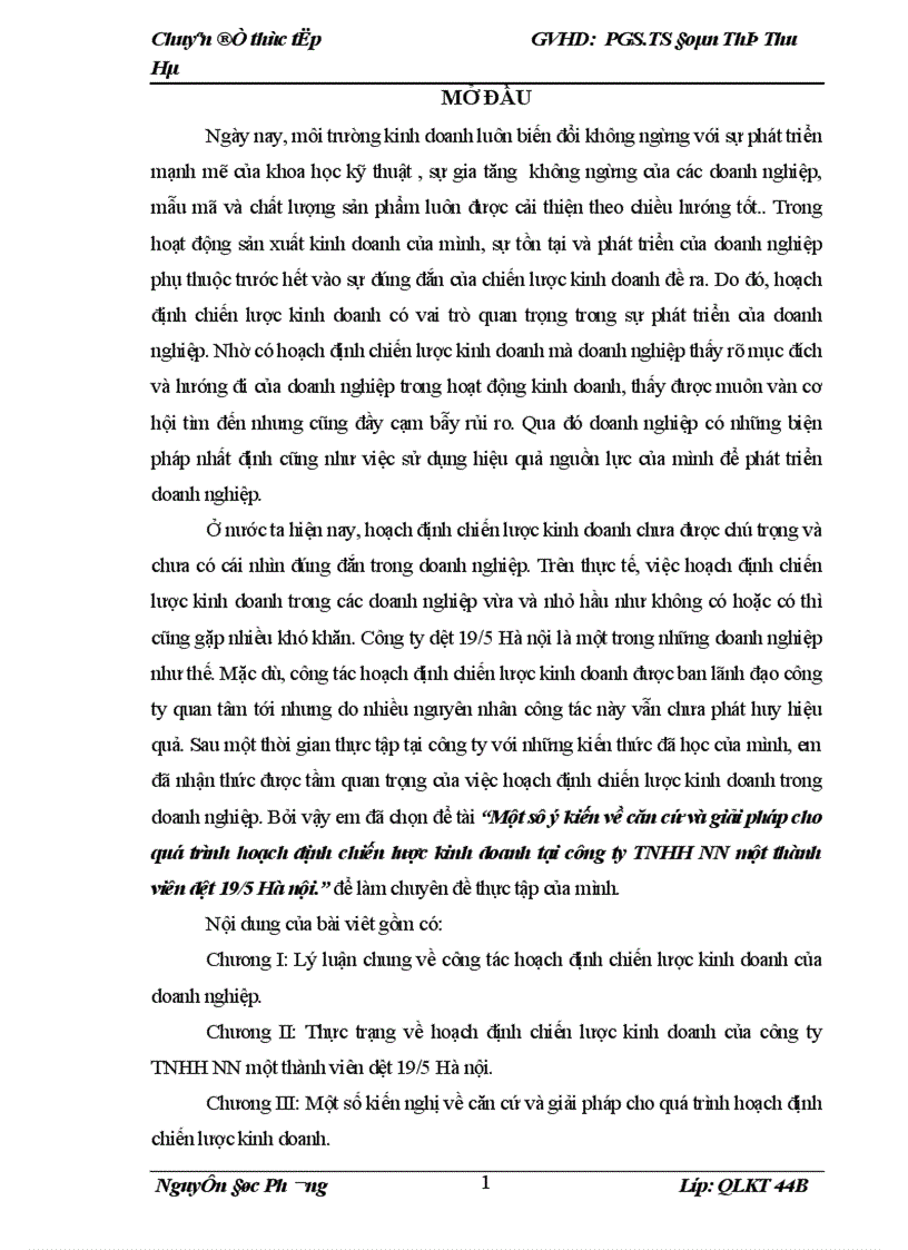 Một sô ý kiến về căn cứ và giải pháp cho quá trình hoạch định chiến lược kinh doanh tại công ty TNHH NN một thành viên dệt 19 5 Hà nội