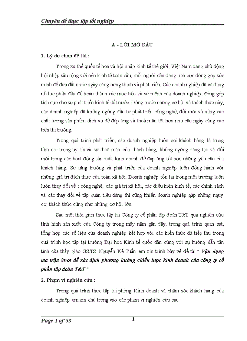 Vận dụng ma trận Swot để xác định phương hướng chiến lược kinh doanh của công ty cổ phần tập đoàn T&T