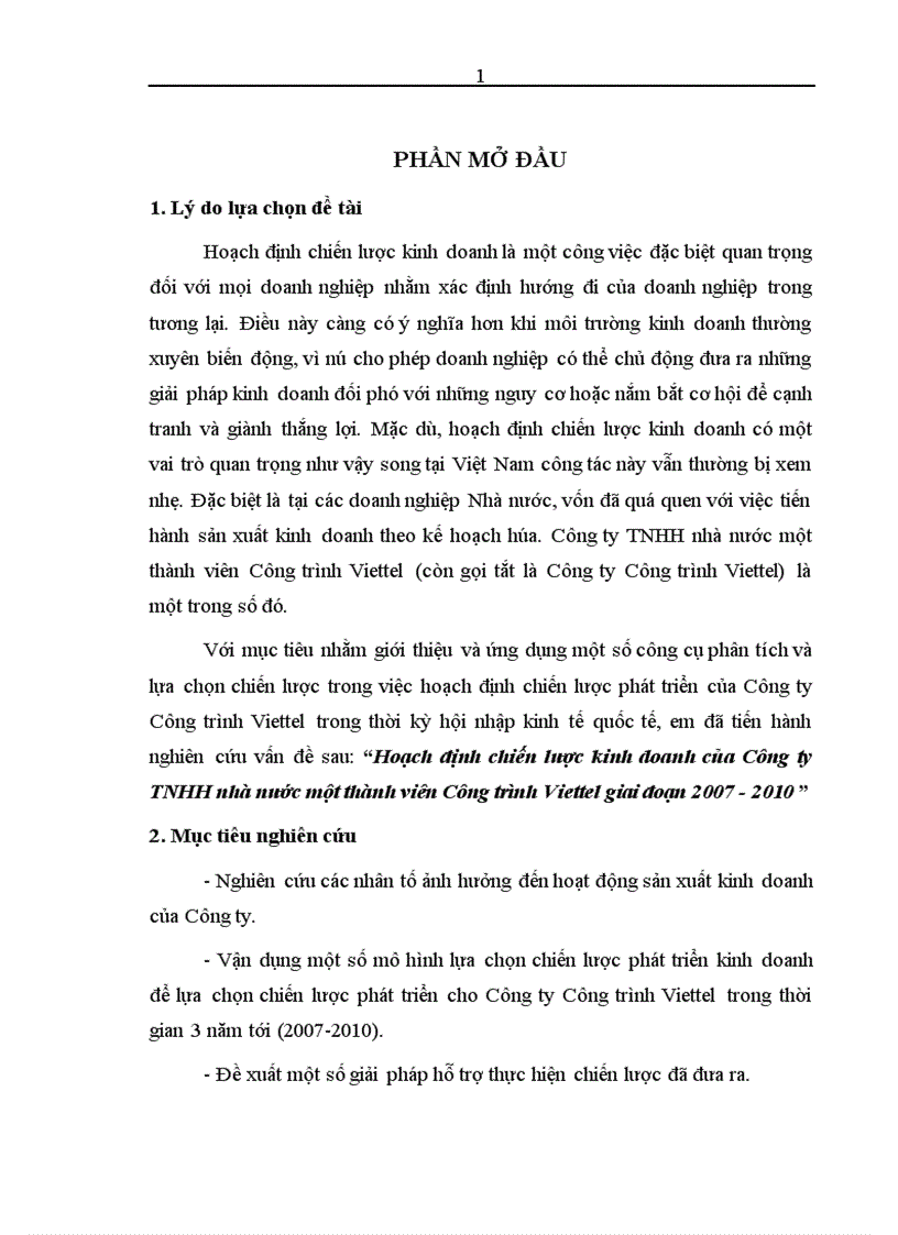 Hoạch định chiến lược kinh doanh của Công ty TNHH nhà nước một thành viên Công trình Viettel giai đoạn 2007 2010 1