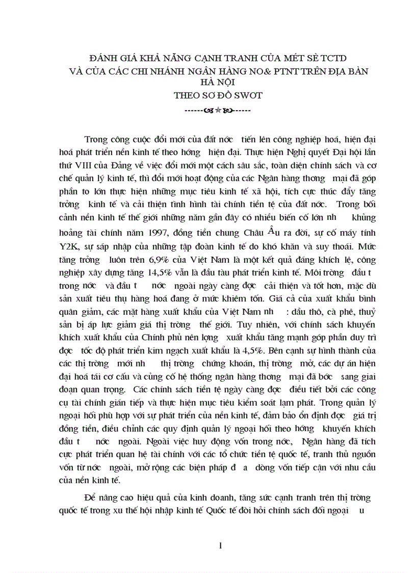 đánh giá khả năng cạnh tranh của một số tctd và của các chi nhánh ngân hàng no ptnt trên địa bàn hà nội theo sơ đồ swot