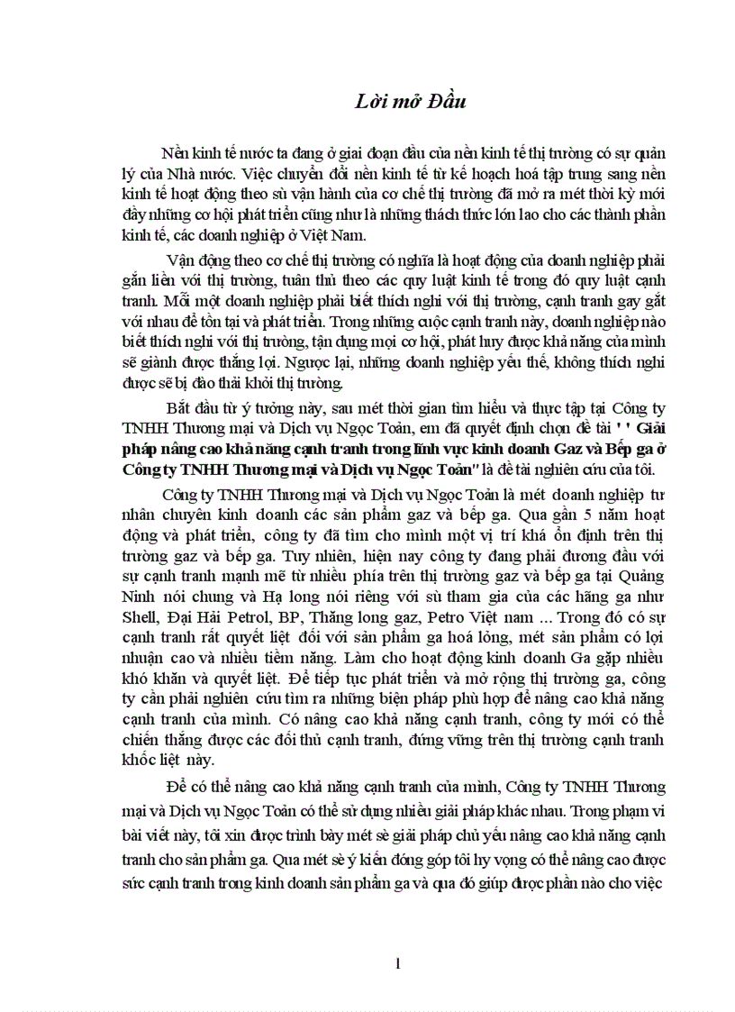 Giải pháp nâng cao khả năng cạnh tranh trong lĩnh vực kinh doanh Gaz và Bếp ga ở Công ty TNHH Thương mại và Dịch vụ Ngọc Toản