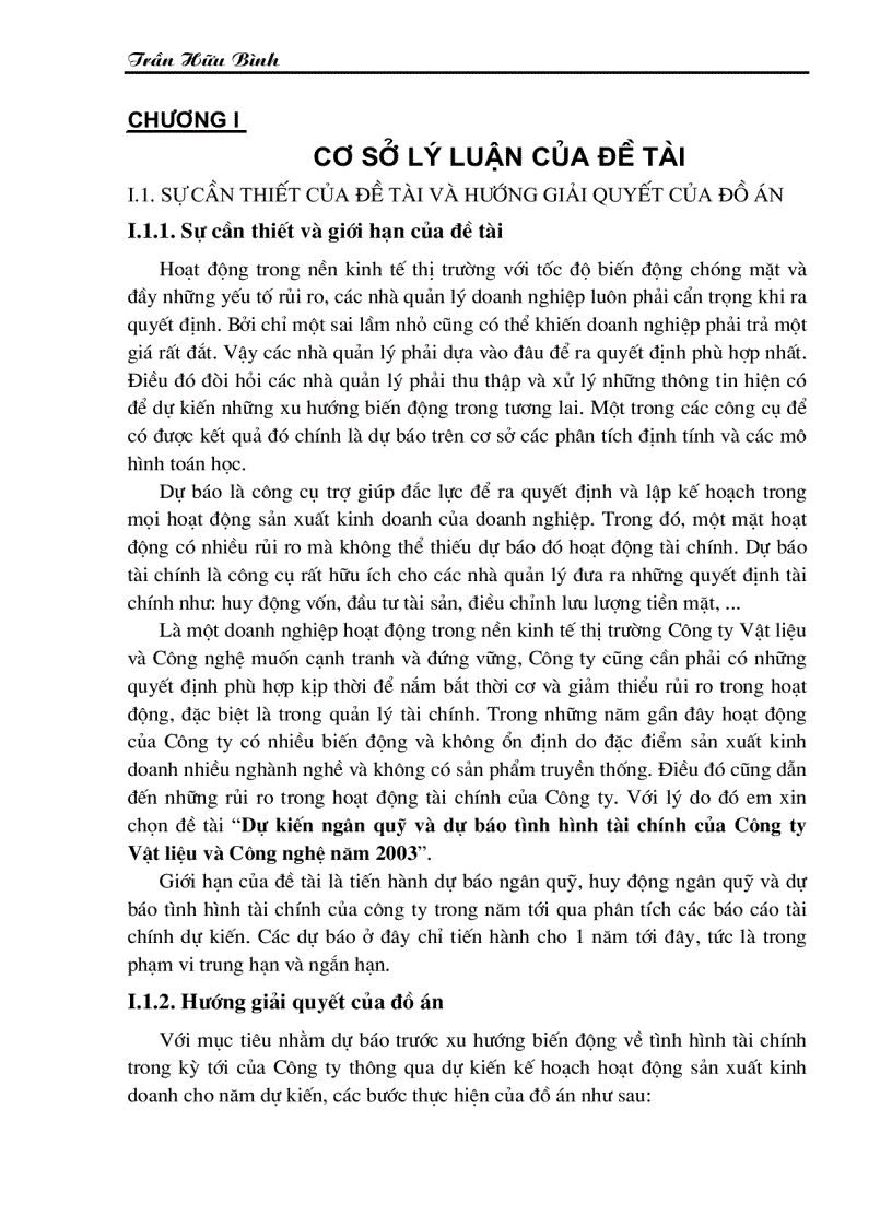 Dự kiến ngân quỹ và dự báo tình hình tài chính của Công ty Vật liệu và Công nghệ năm 2003