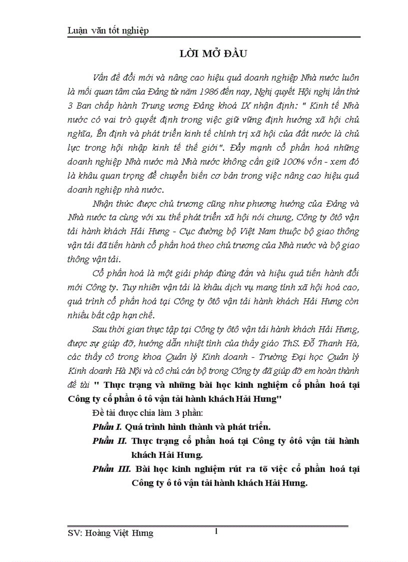 Thực trạng và những bài học kinh nghiệm cổ phần hoá tại Công ty cổ phần ô tô vận tải hành khách Hải Hưng 1