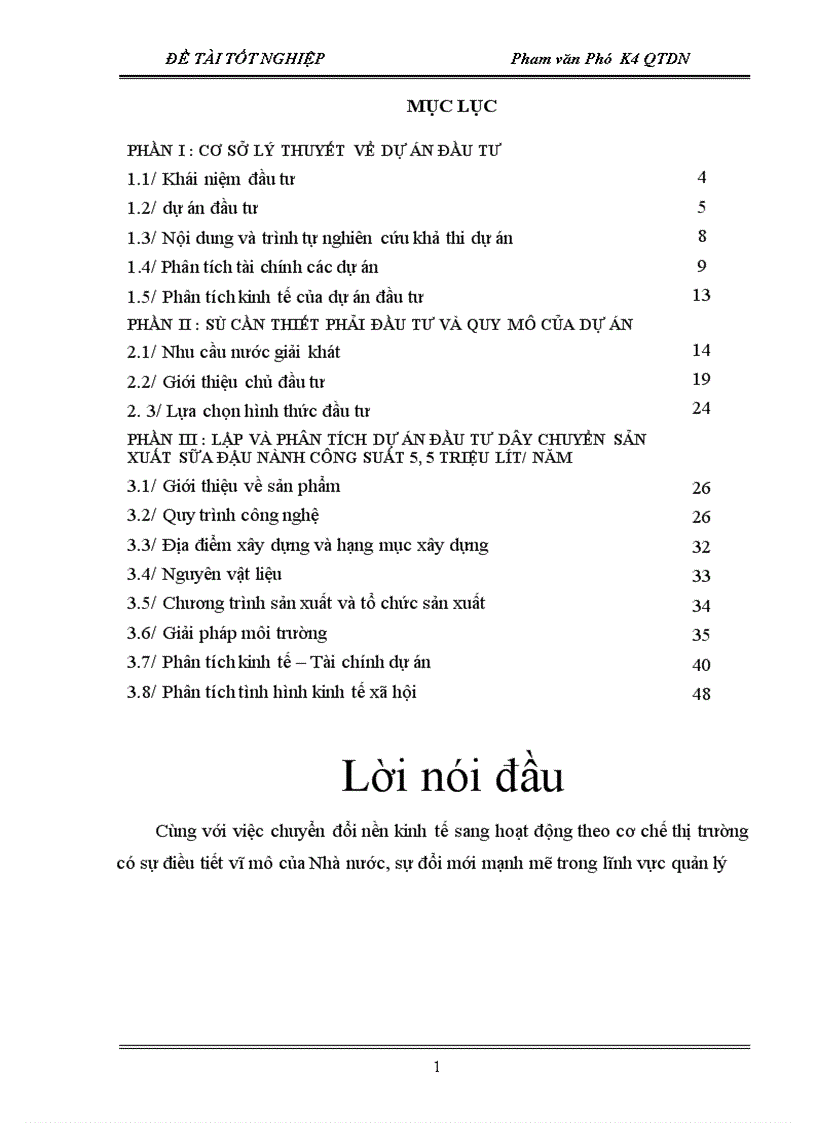 Lập và phân tích dự án đầu tư dây chuyền sản xuất sữa đậu nành công suất 5 5 triệu lít năm 1