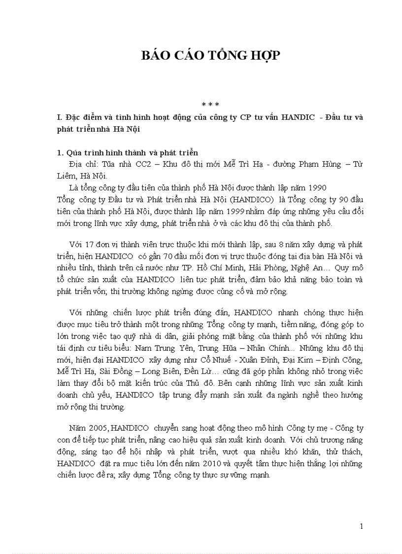 Báo cáo tổng hợp về công ty CP tư vấn HANDIC Đầu tư và phát triển nhà Hà Nội