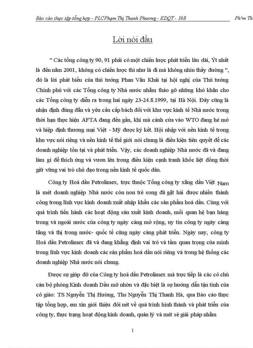 Báo cáo tổng hợp về công ty Hoá dầu Petrolimex