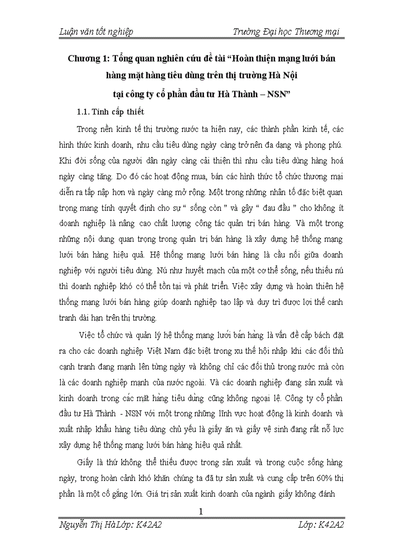 Hoàn thiện mạng lưới bán hàng mặt hàng tiêu dùng trên thị trường Hà Nội tại công ty cổ phần đầu tư Hà Thành NSN 1