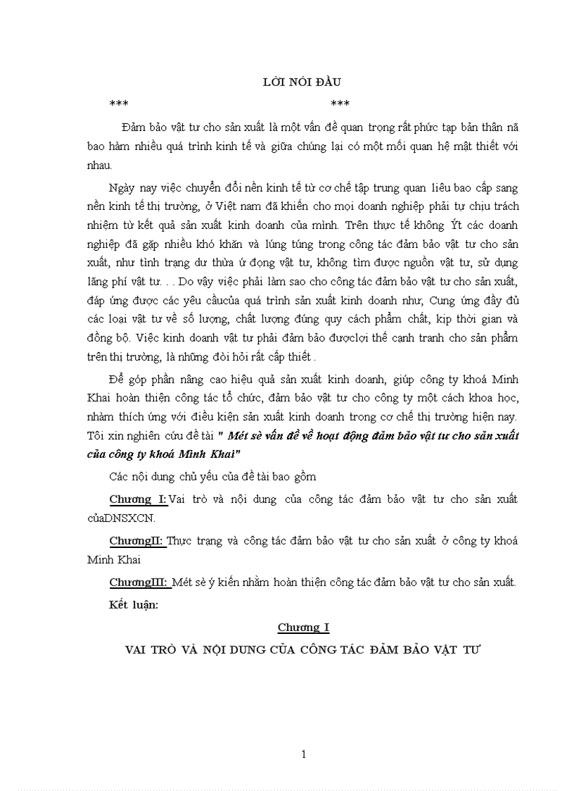 Một số vấn đề về hoạt động đảm bảo vật tư cho sản xuất của công ty khoá Minh Khai 1