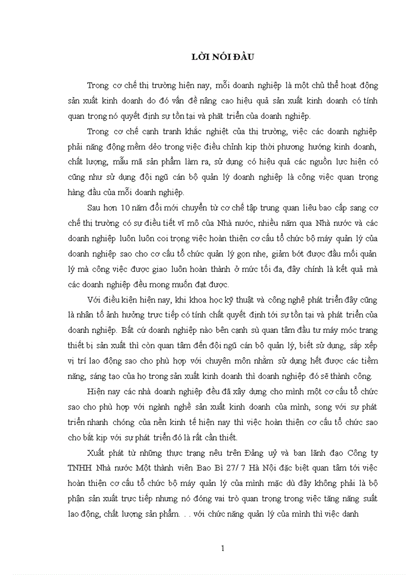 Hoàn thiện cơ cấu tổ chức bộ máy quản lý của Công ty TNHH Nhà nước Một thành viên Bao Bì 27 7 Hà Nội