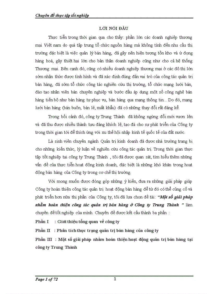 Một số giải pháp nhằm hoàn thiện công tác quản trị bán hàng ở Công ty Trung Thành