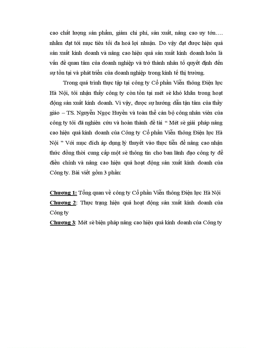 Một số giải pháp nâng cao hiệu quả kinh doanh của Công ty Cổ phần Viễn thông Điện lực Hà Nội