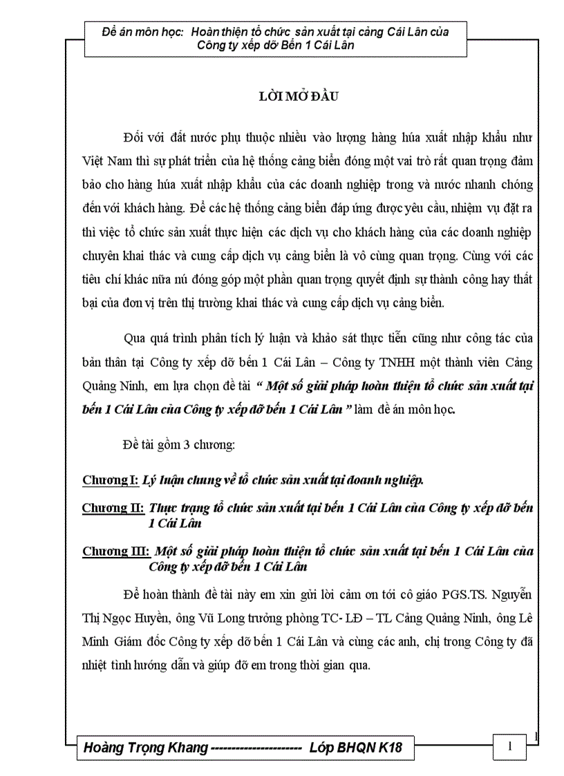 Một số giải pháp hoàn thiện tổ chức sản xuất tại bến 1 Cái Lân của Công ty xếp dỡ bến 1 Cái Lân