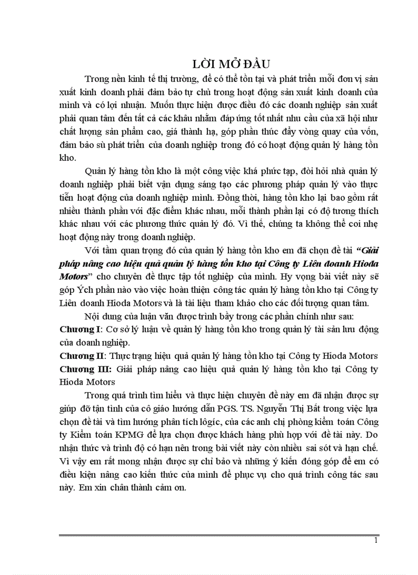 Giải pháp nâng cao hiệu quả quản lý hàng tồn kho tại Công ty Liên doanh Hioda Motors 1