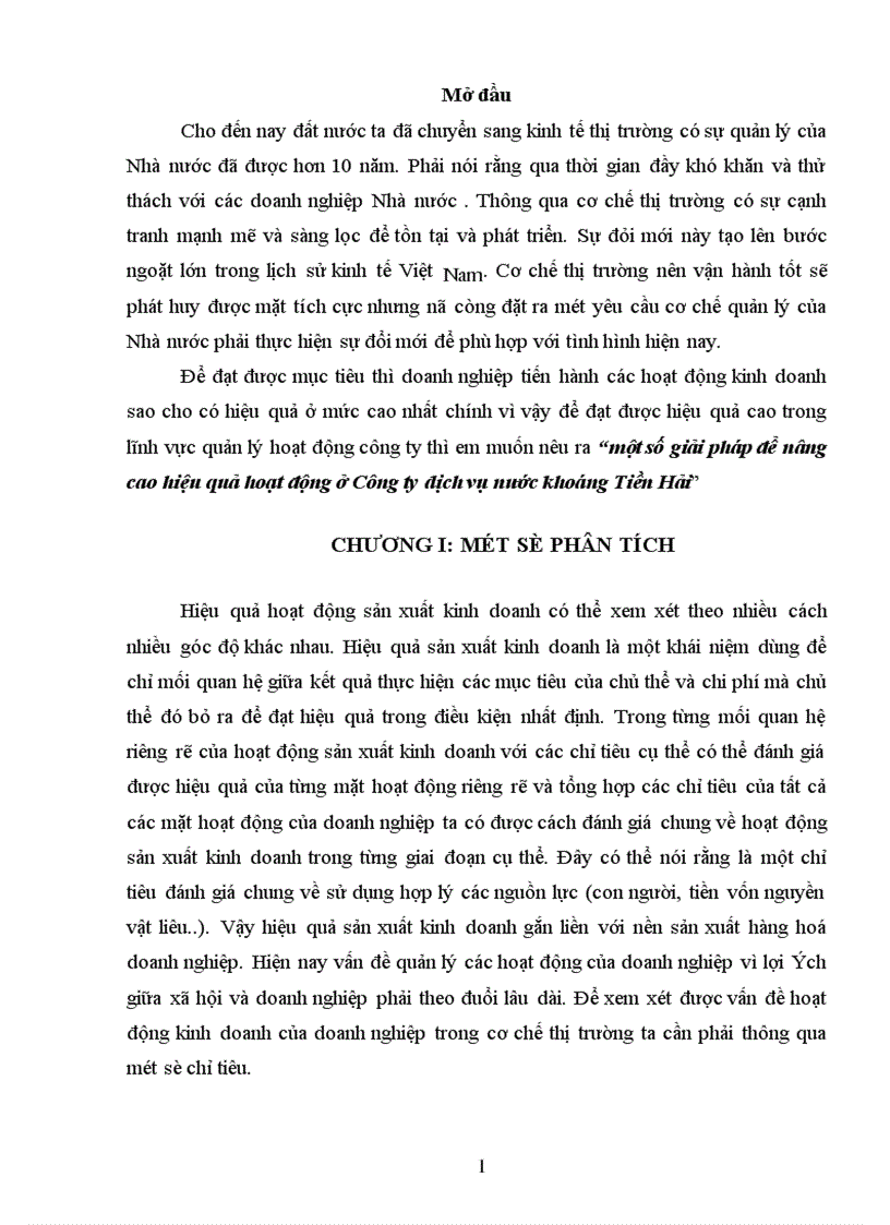 Một số giải pháp để nâng cao hiệu quả hoạt động ở Công ty dịch vụ nước khoáng Tiền Hải 1