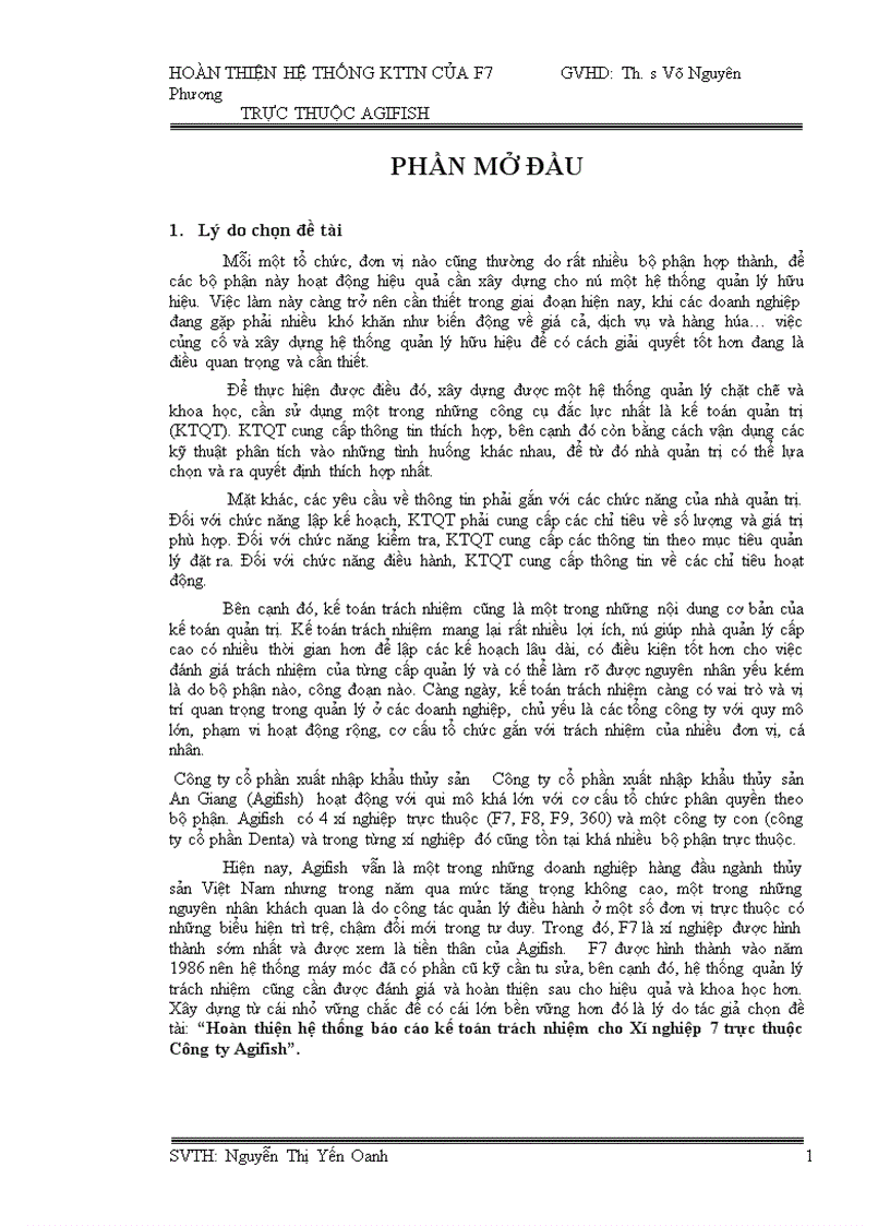 Hoàn thiện hệ thống báo cáo kế toán trách nhiệm cho Xí nghiệp 7 trực thuộc Công ty Agifish -