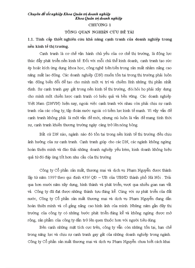 Báo cáo thực tập tổng hợp Nâng cao năng lực cạnh tranh của Công ty Cổ phần sản xuất thương mại và dịch vụ Phạm Nguyên