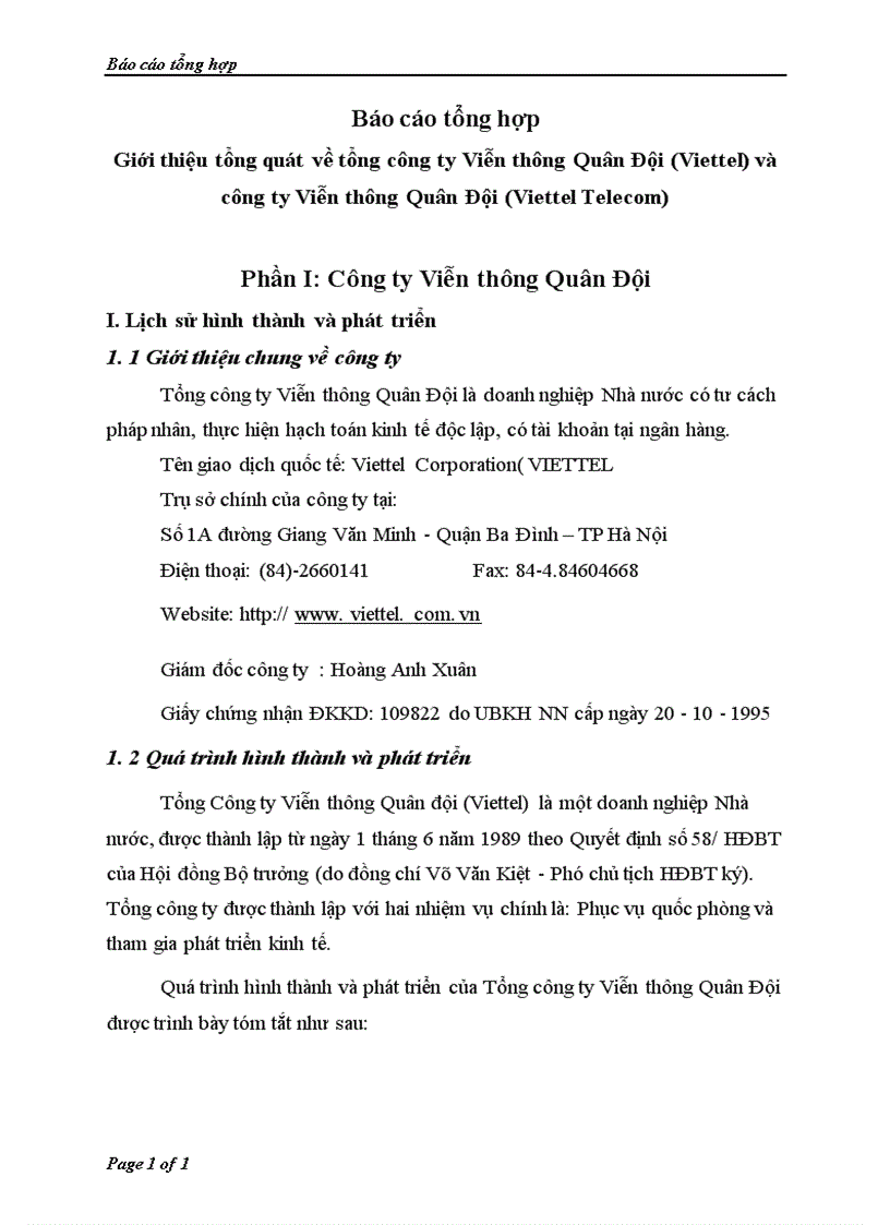Báo cáo tổng hợp về tổng công ty Viễn thông Quân Đội Viettel và công ty Viễn thông Quân Đội Viettel Telecom