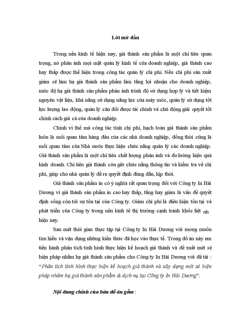 Phân tích tình hình thực hiện kế hoạch giá thành và xây dựng một số biện pháp nhằm hạ giá thành sản phẩm dịch vụ tại Công ty In Hải Dương