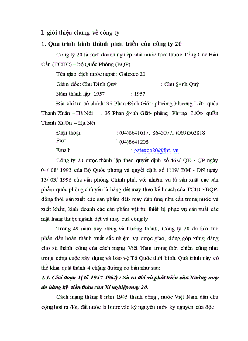 Báo cáo tổng hợp về Xưởng may đo hàng kỹ tiền thân của Xí nghiệp may 20