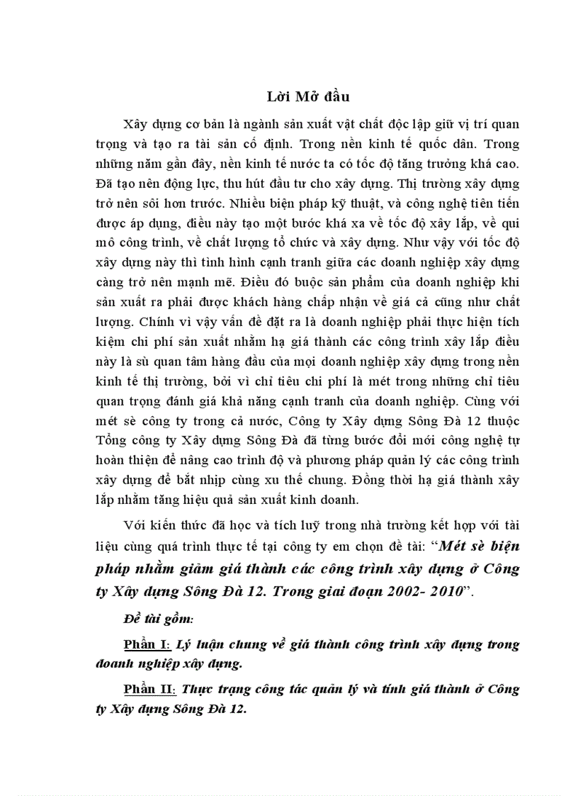 Một số biện pháp nhằm giảm giá thành các công trình xây dựng ở Công ty Xây dựng Sông Đà 12 Trong giai đoạn 2002 2010