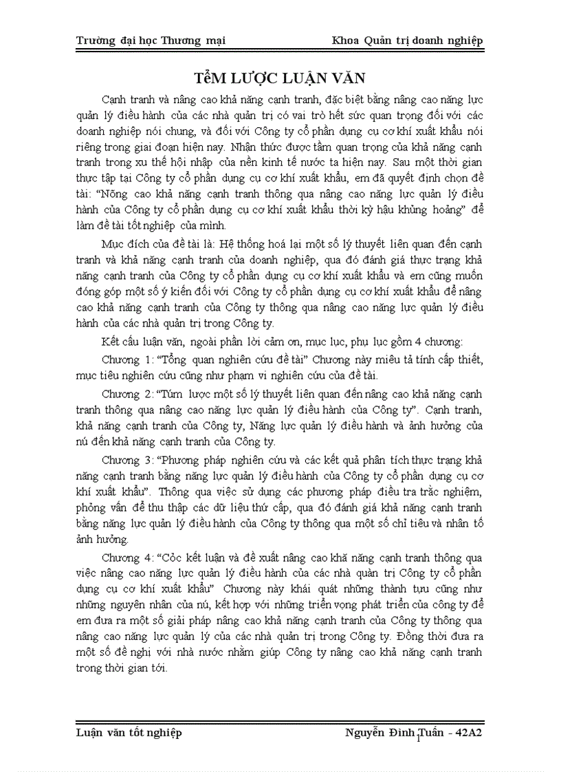 Nâng cao khả năng cạnh tranh thông qua nâng cao năng lực quản lý điều hành của Công ty cổ phần dụng cụ cơ khí xuất khẩu thời kỳ hậu khủng hoảng 1